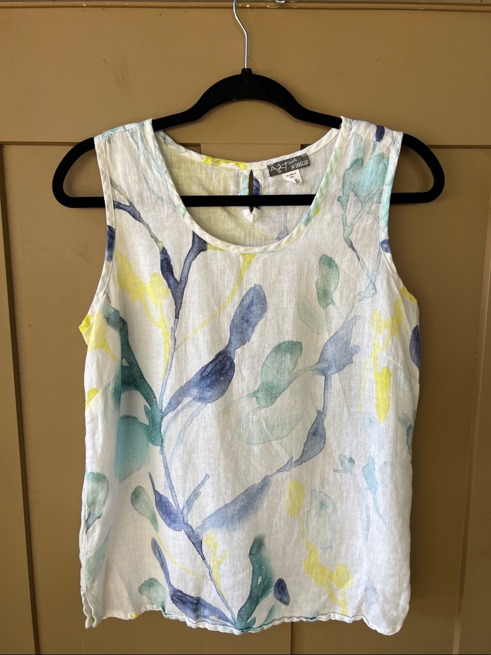 Art Simply By Dolcezza S White Linen Watercolor Floral Tank Top in Blue & Green